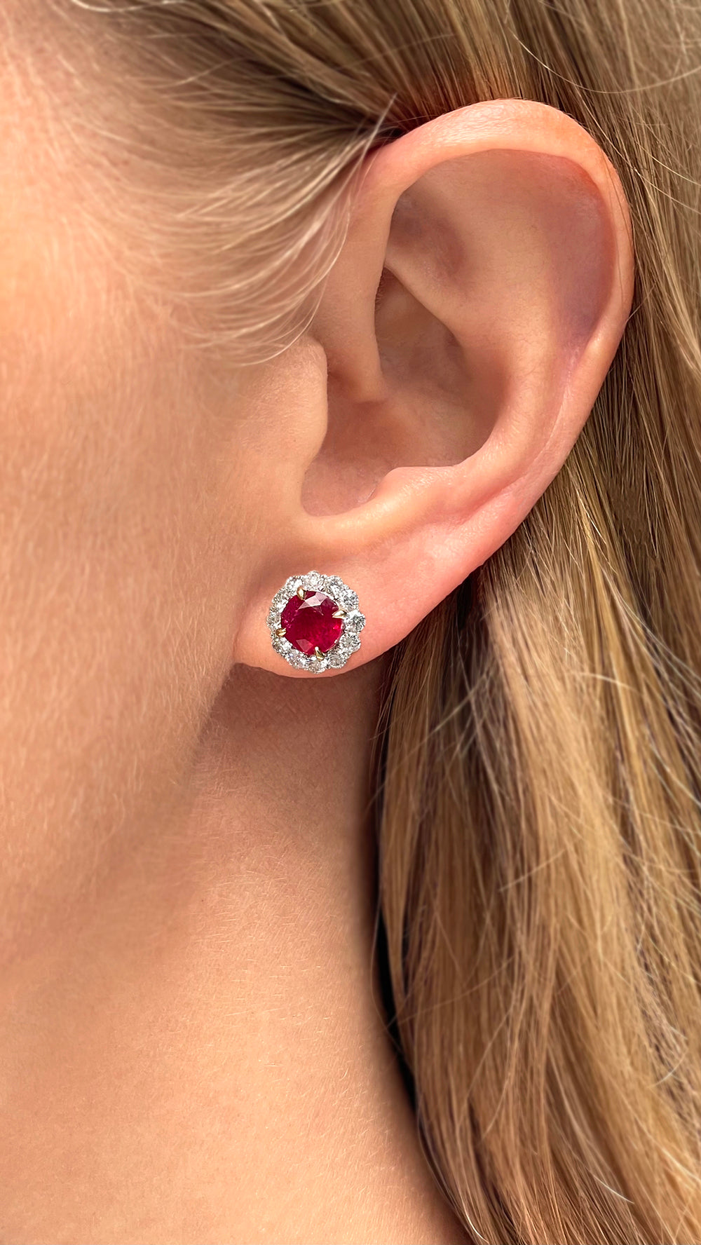 18K Yellow Gold Ruby and Diamond Halo Stud Earrings