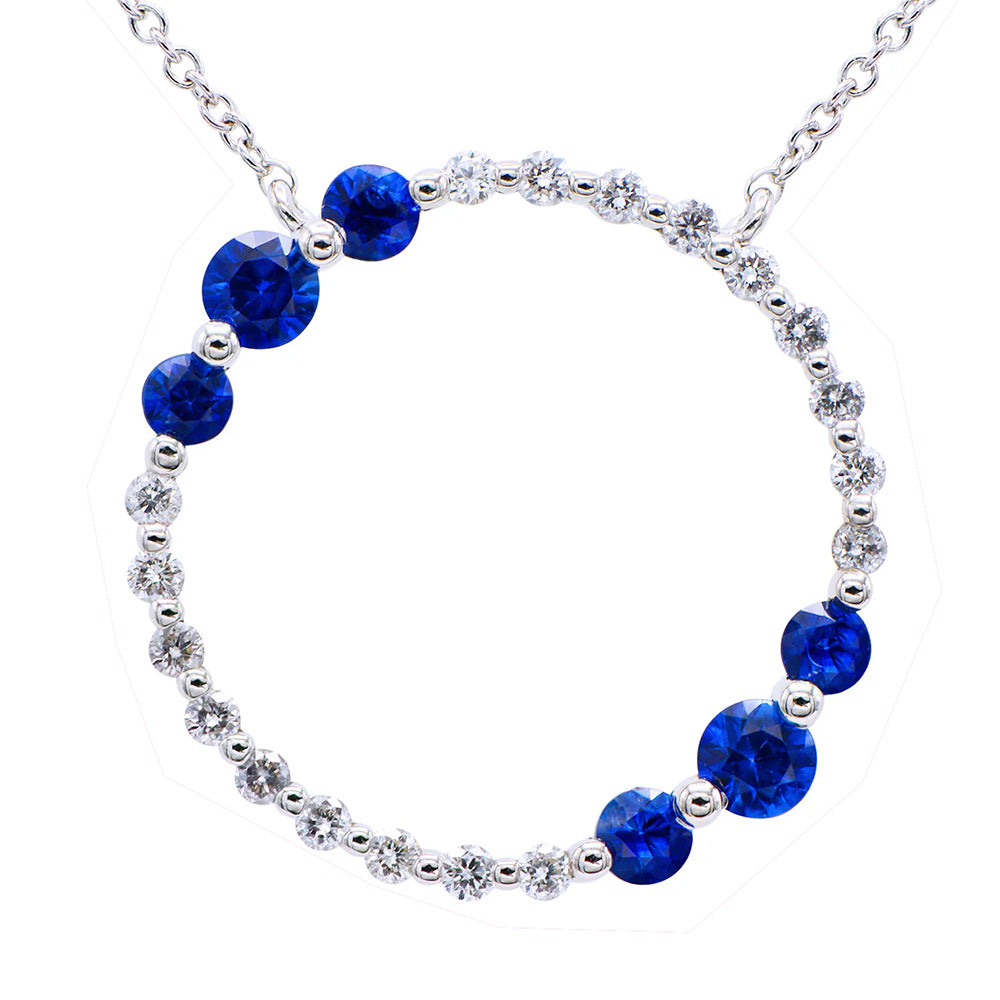 18K White Gold Sapphire and Diamond Circle Pendant Necklace