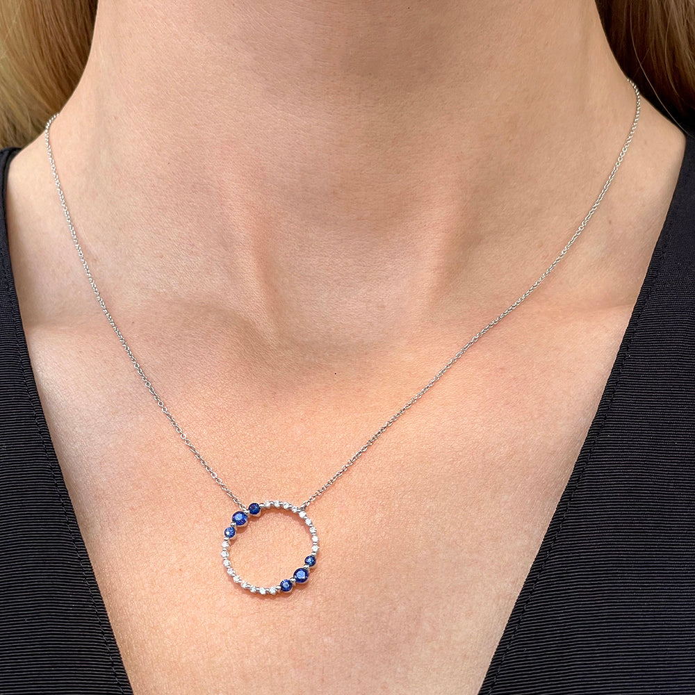 18K White Gold Sapphire and Diamond Circle Pendant Necklace