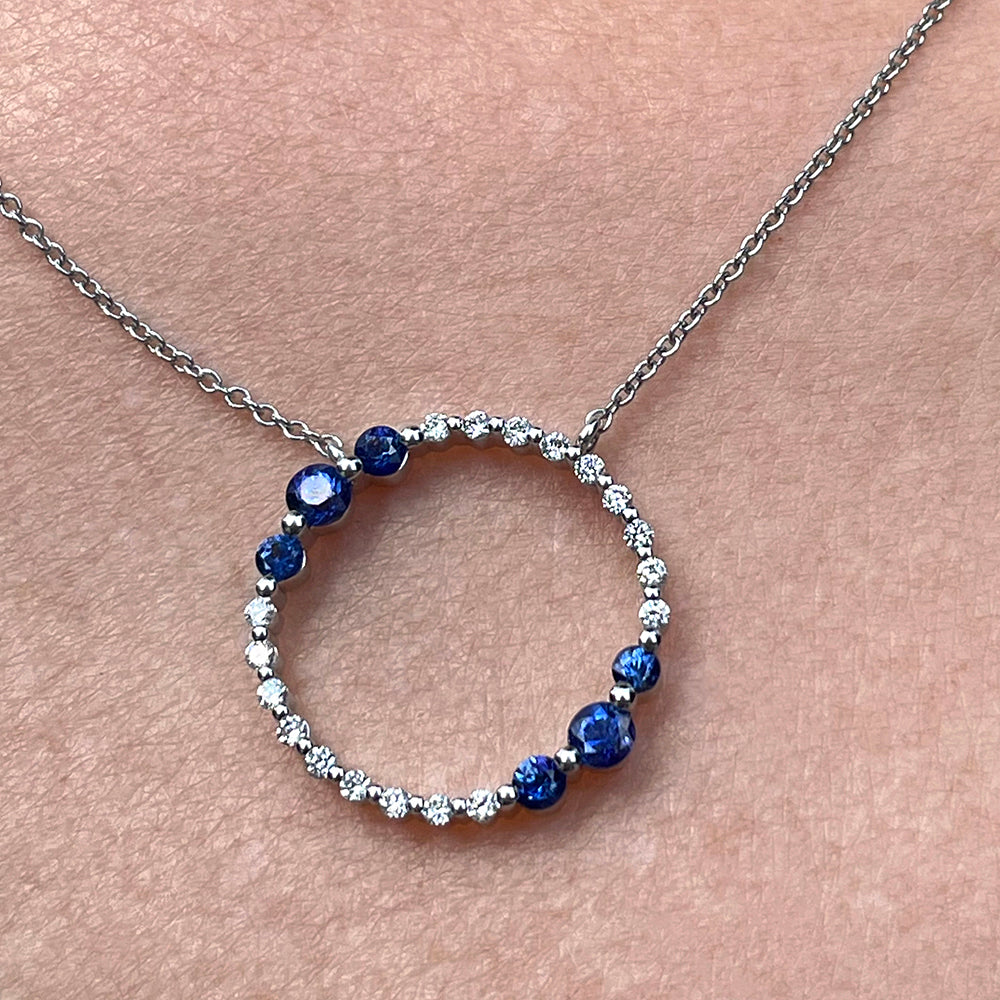 18K White Gold Sapphire and Diamond Circle Pendant Necklace