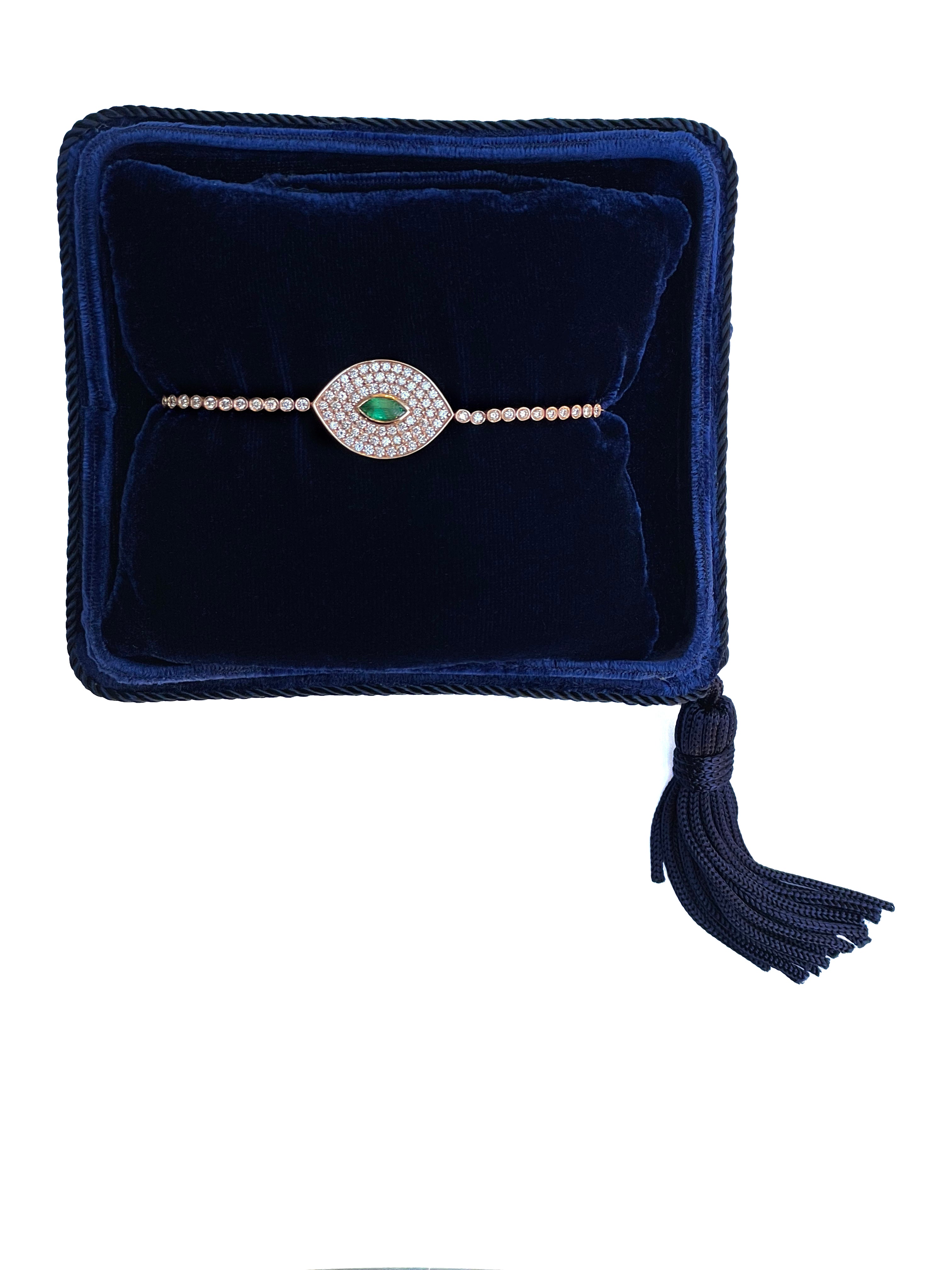 14K Rose Gold Evil Eye Bracelet with Emerald and Diamonds