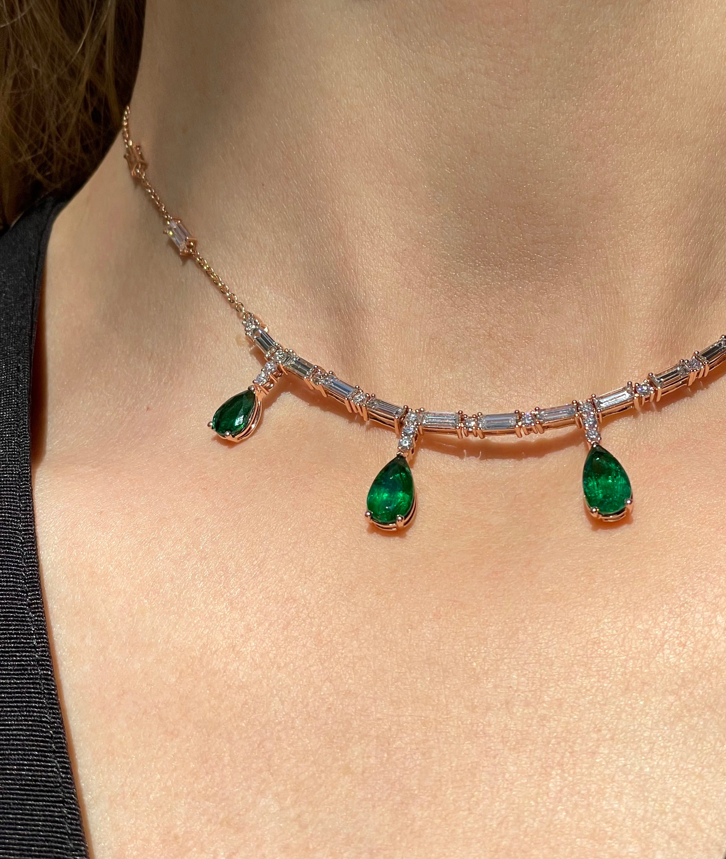 14K Rose Gold Necklace with Diamonds and Pear Shaped Green Emeralds