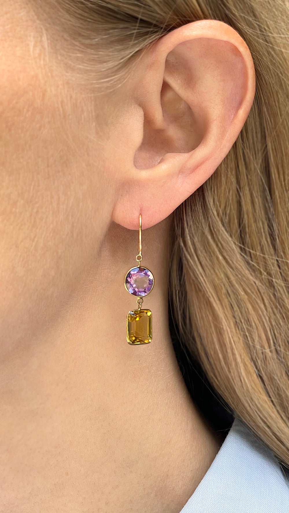 18K Yellow Gold Earrings with Amethysts and Citrines