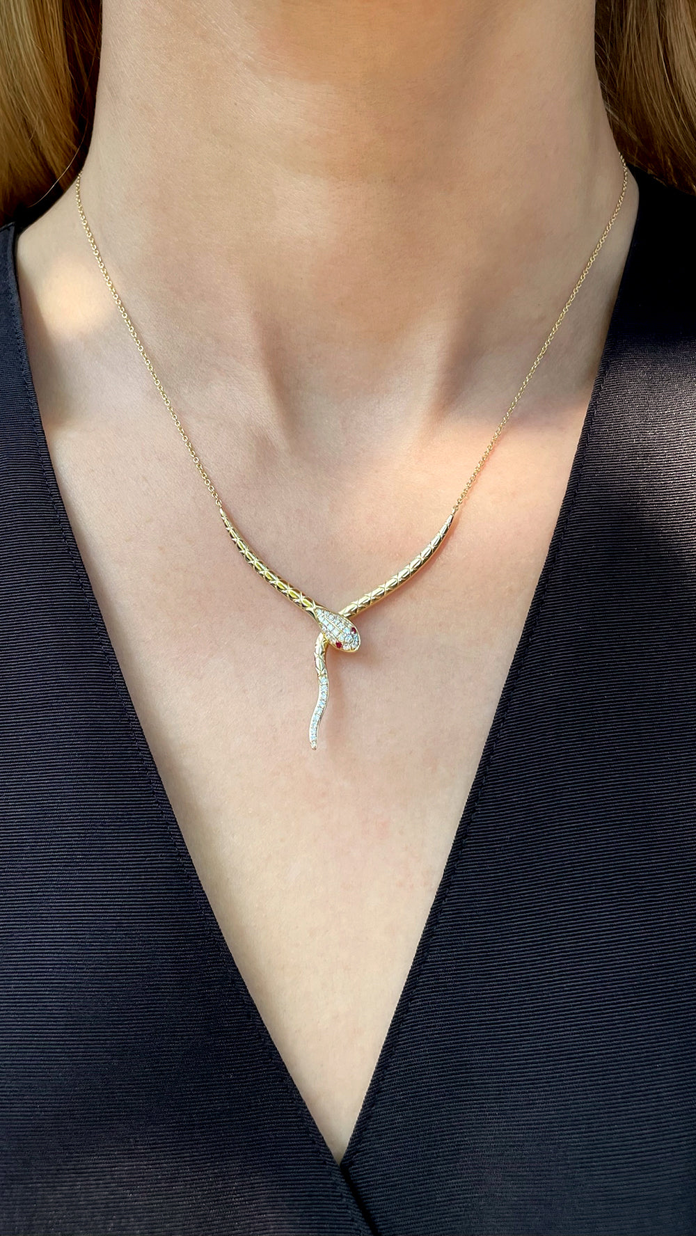 14K Yellow Gold Snake Necklace with Diamonds & Rubies