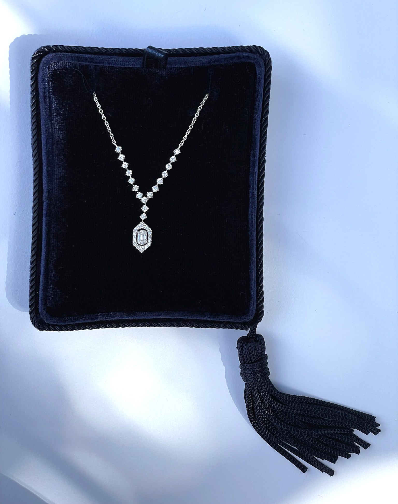 14k White Gold Diamond Drop Necklace with Baguette and Round Diamonds