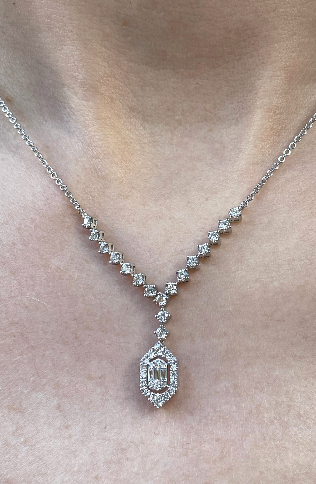 14k White Gold Diamond Drop Necklace with Baguette and Round Diamonds