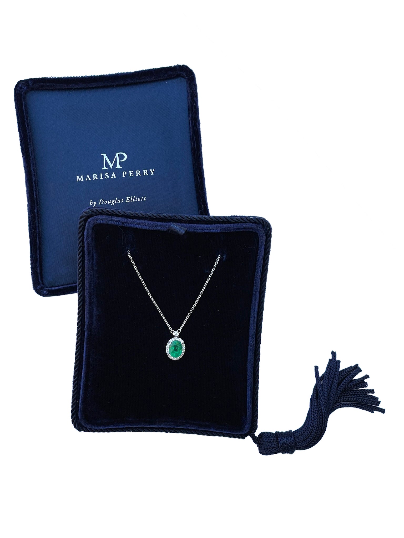 18K White Gold Oval Emerald & Diamond Halo Necklace