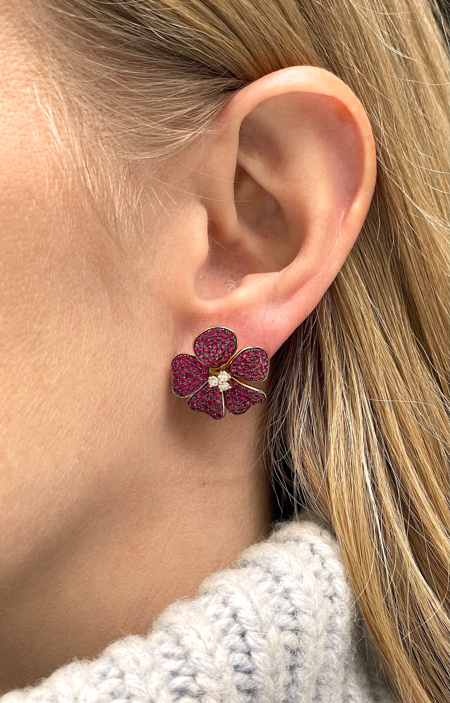 14K Yellow Gold Ruby & Diamond Flower Earrings