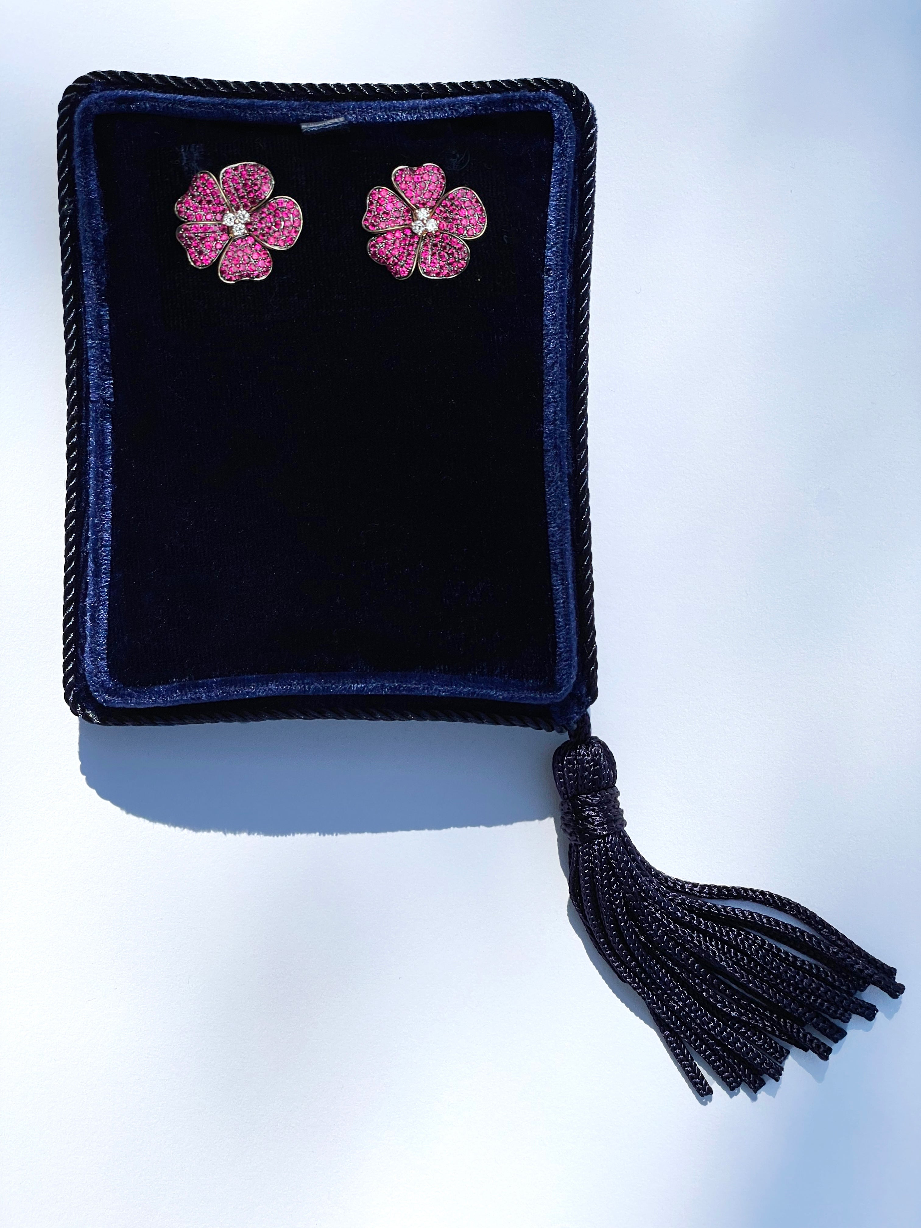 14K Yellow Gold Ruby & Diamond Flower Earrings