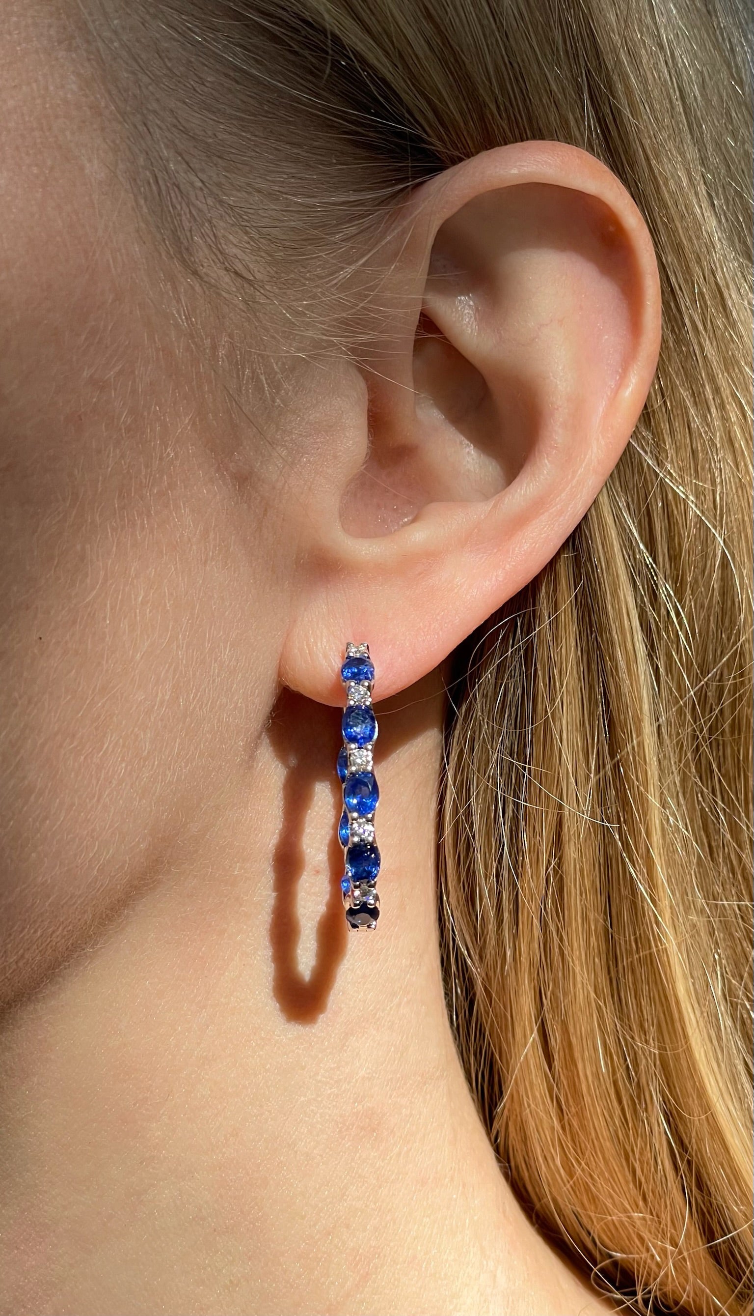 14K White Gold Sapphire & Diamond Oval Hoop Earrings