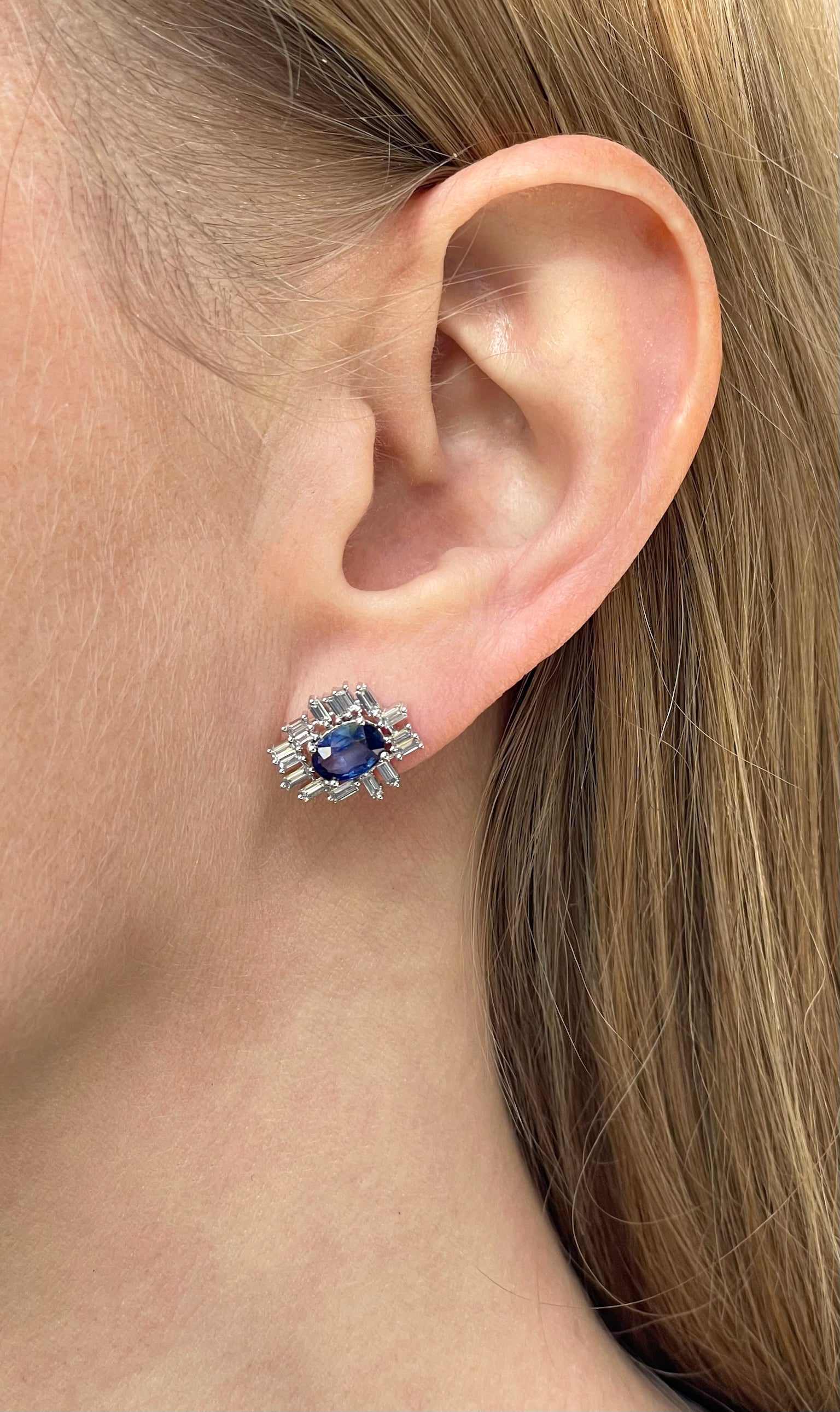 Platinum Sapphire & Baguette Diamond Cluster Earrings (2.80 tcw)