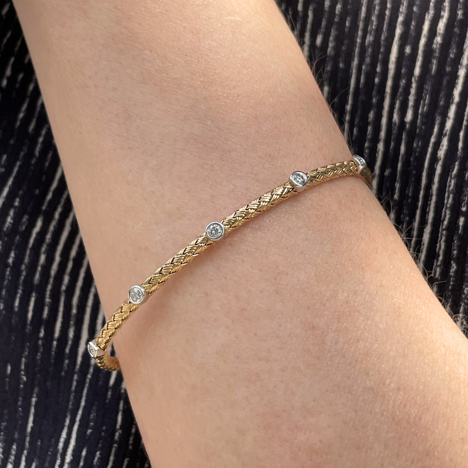 14K Yellow Gold Diamond Bezel Weave Flex Bangle - 0.25 TCW