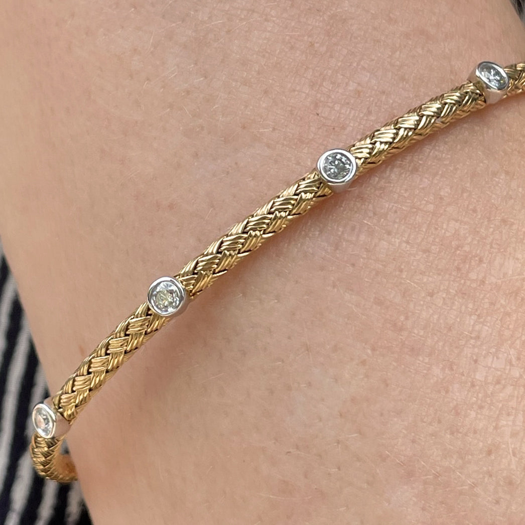 14K Yellow Gold Diamond Bezel Weave Flex Bangle - 0.25 TCW