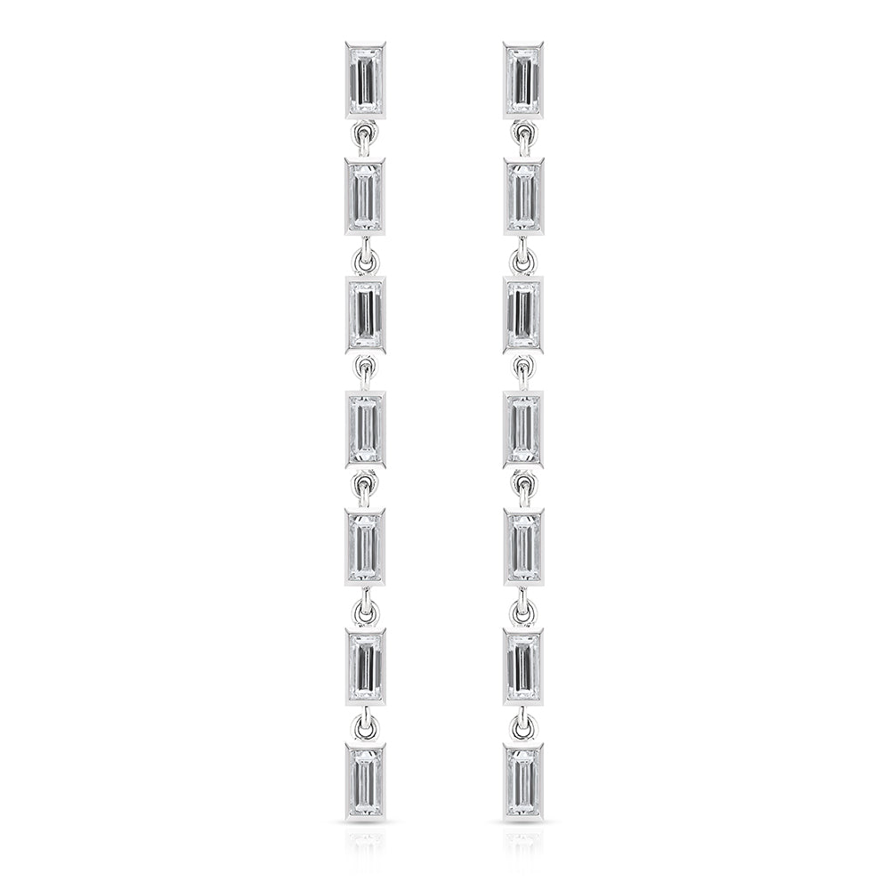 Bezel Set Baguette Diamond Dangle Drop Earrings in Platinum
