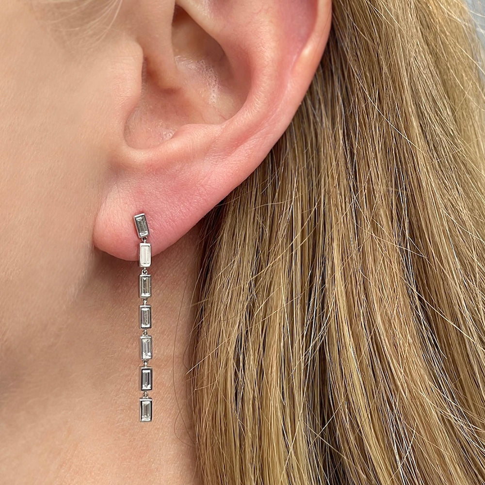 Bezel Set Baguette Diamond Dangle Drop Earrings in Platinum