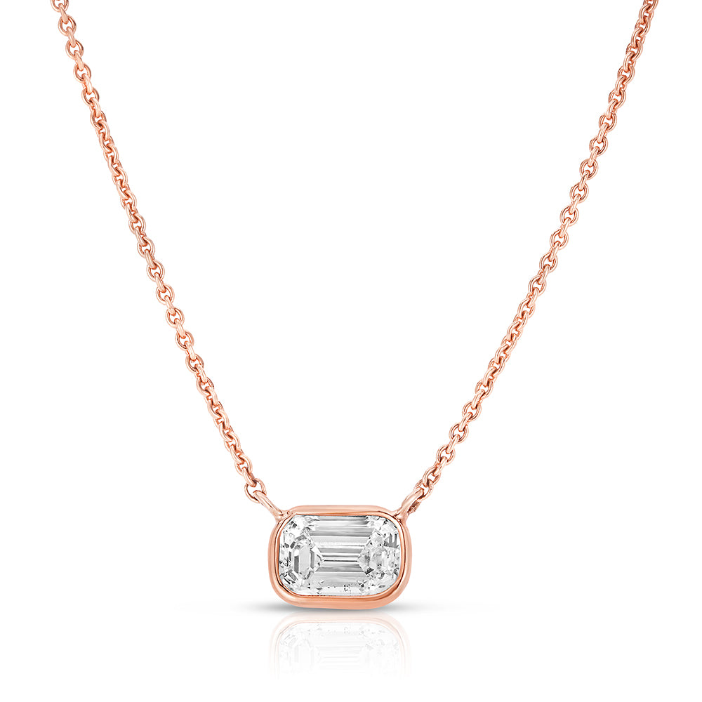 Bezel Set Horizontal Emerald Cut Diamond Pendant Necklace | 14K Rose Gold