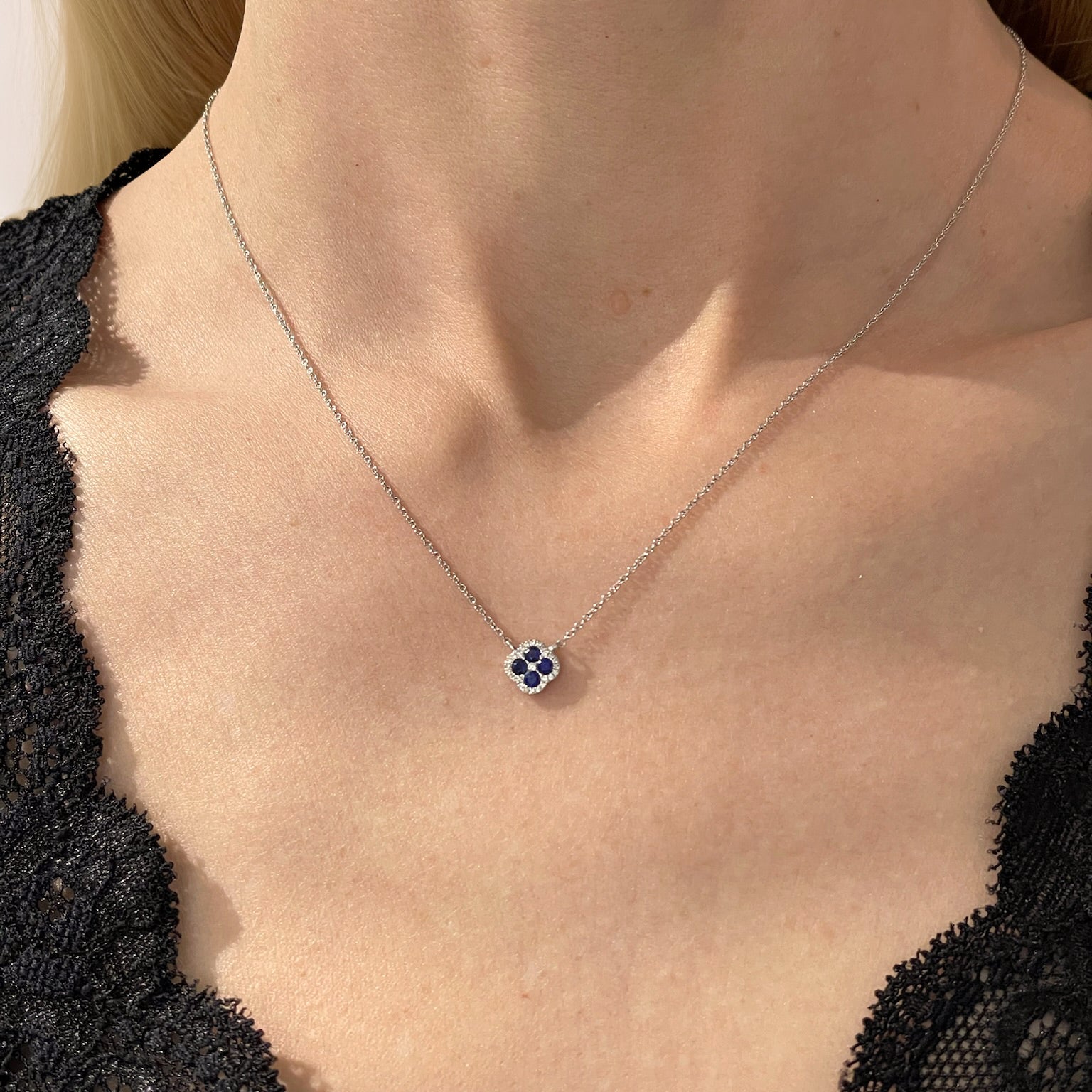 Blue Sapphire & Diamond Clover Pendant Necklace | 14K White Gold