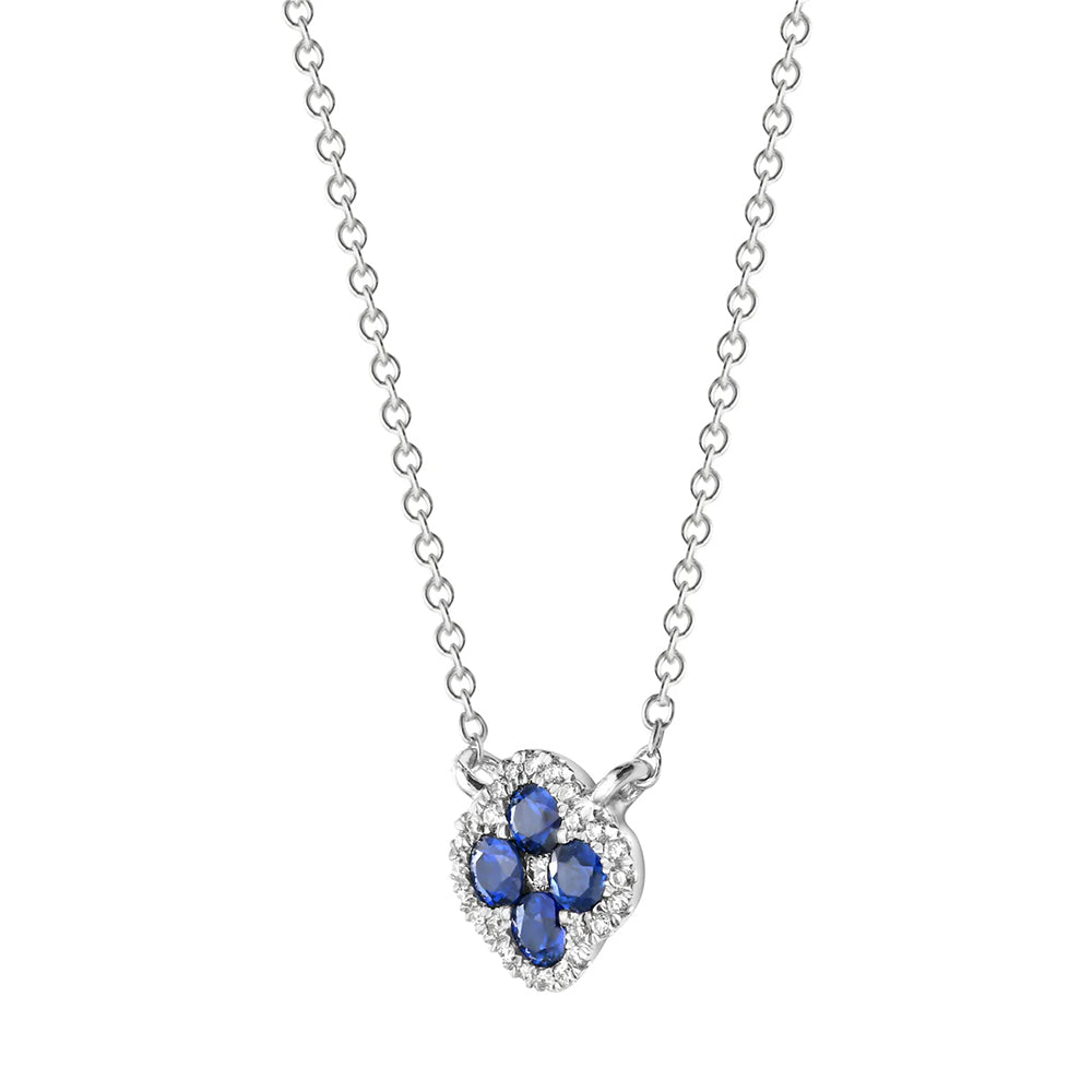 Blue Sapphire & Diamond Clover Pendant Necklace | 14K White Gold