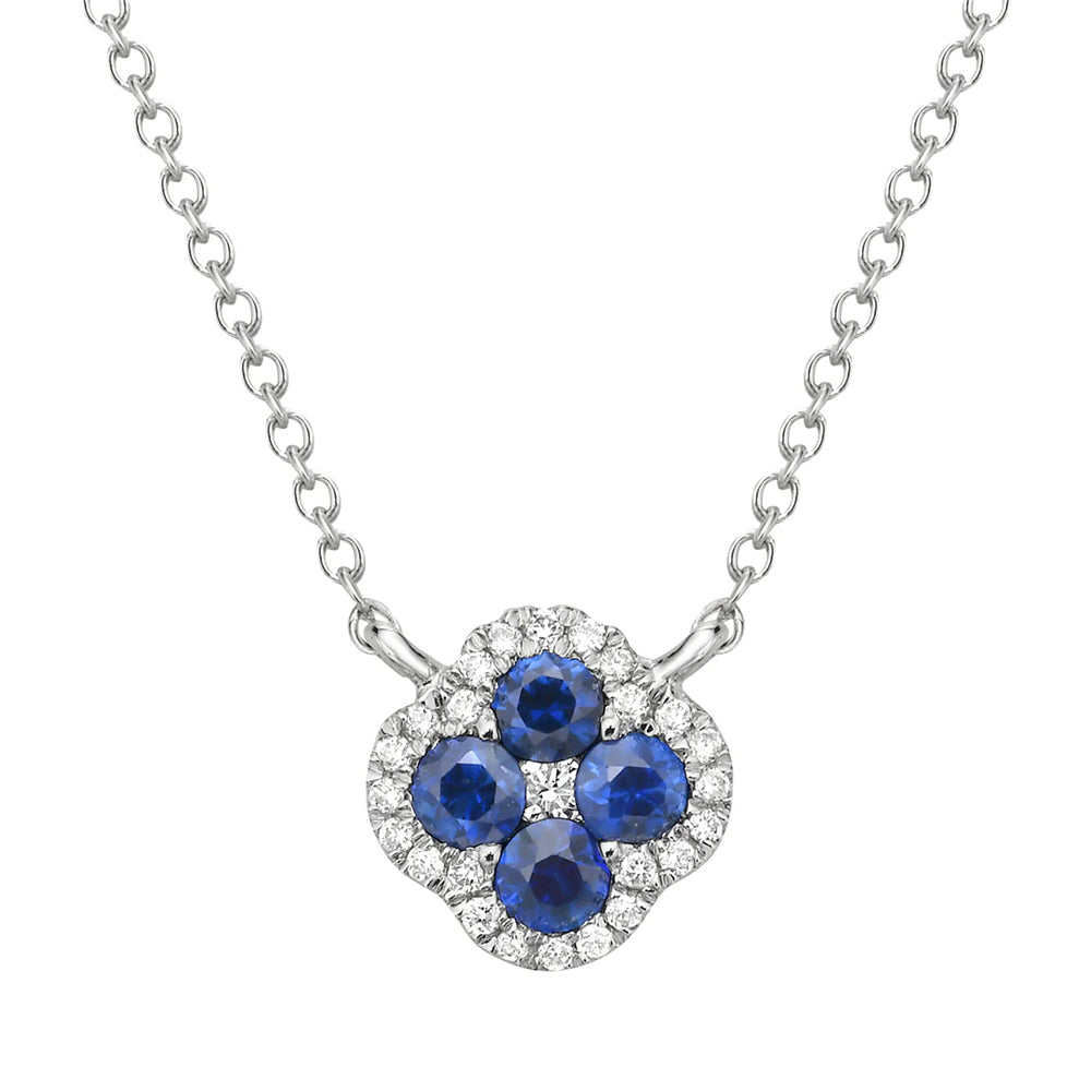Blue Sapphire & Diamond Clover Pendant Necklace | 14K White Gold