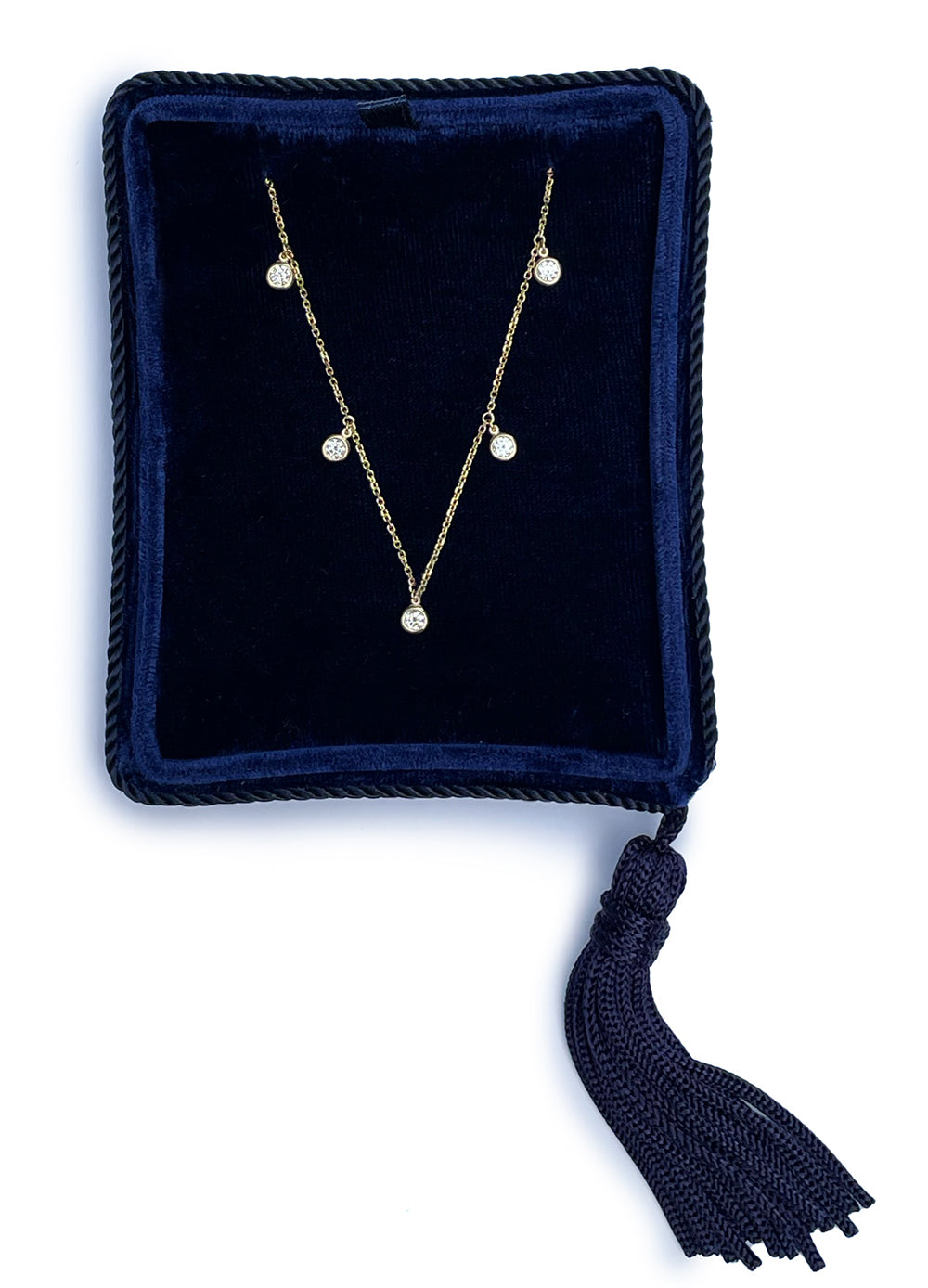 0.50 Carat Yellow Gold and Diamond Station Necklace with Bezel Set Dangling Round Brilliant Cut Diamonds