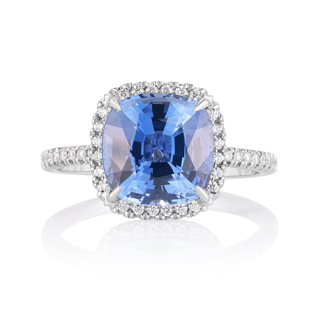 Sapphire and Diamond Ring with Halo in a Platinum InLove Setting | Marisa Perry by Douglas Elliott