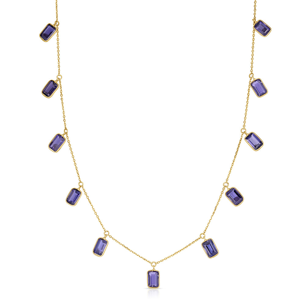 Dangling Blue Sapphire Necklace | Bezel Set | 18K Yellow Gold