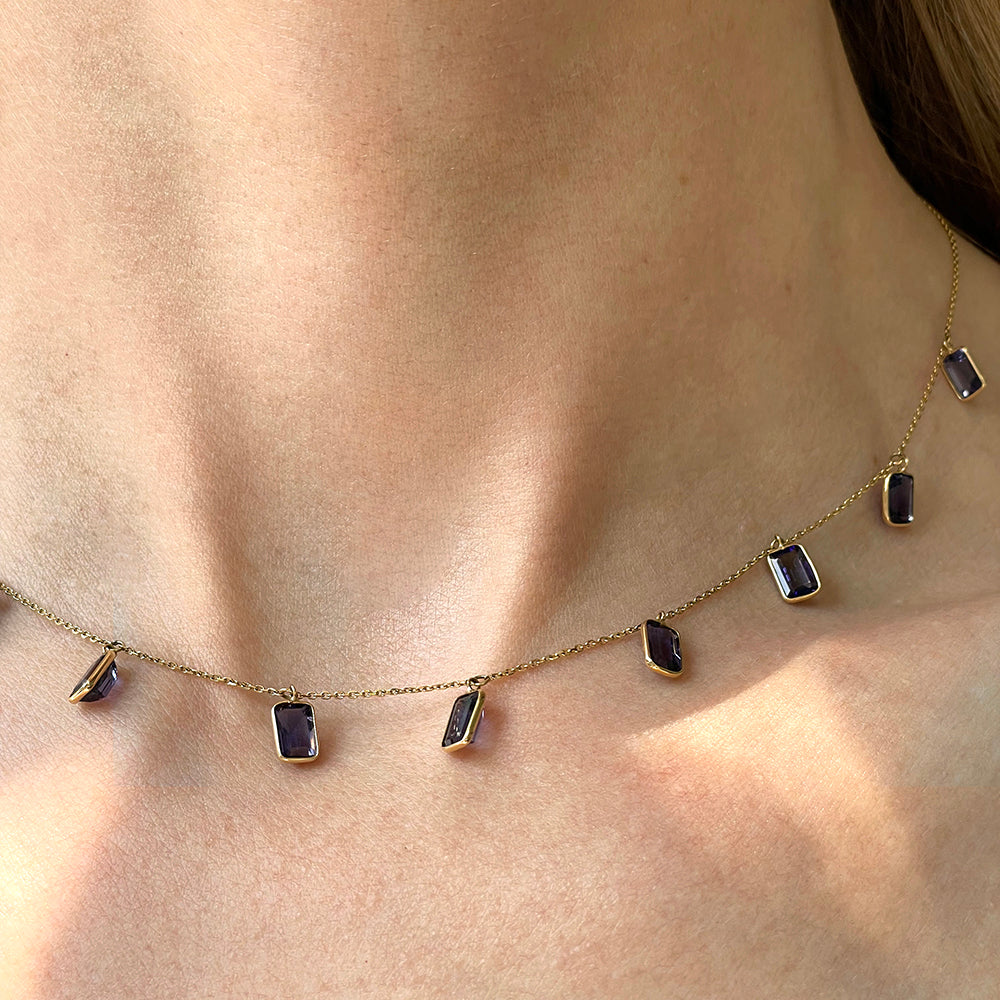 Dangling Blue Sapphire Necklace | Bezel Set | 18K Yellow Gold