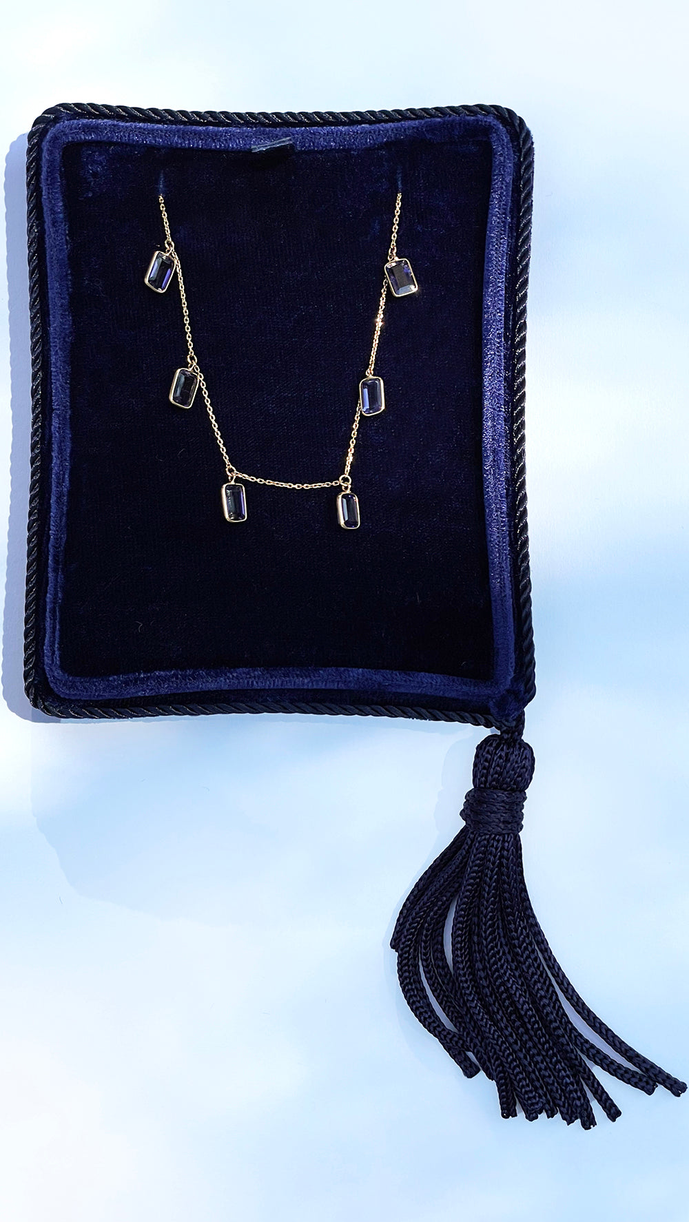 Dangling Blue Sapphire Necklace | Bezel Set | 18K Yellow Gold
