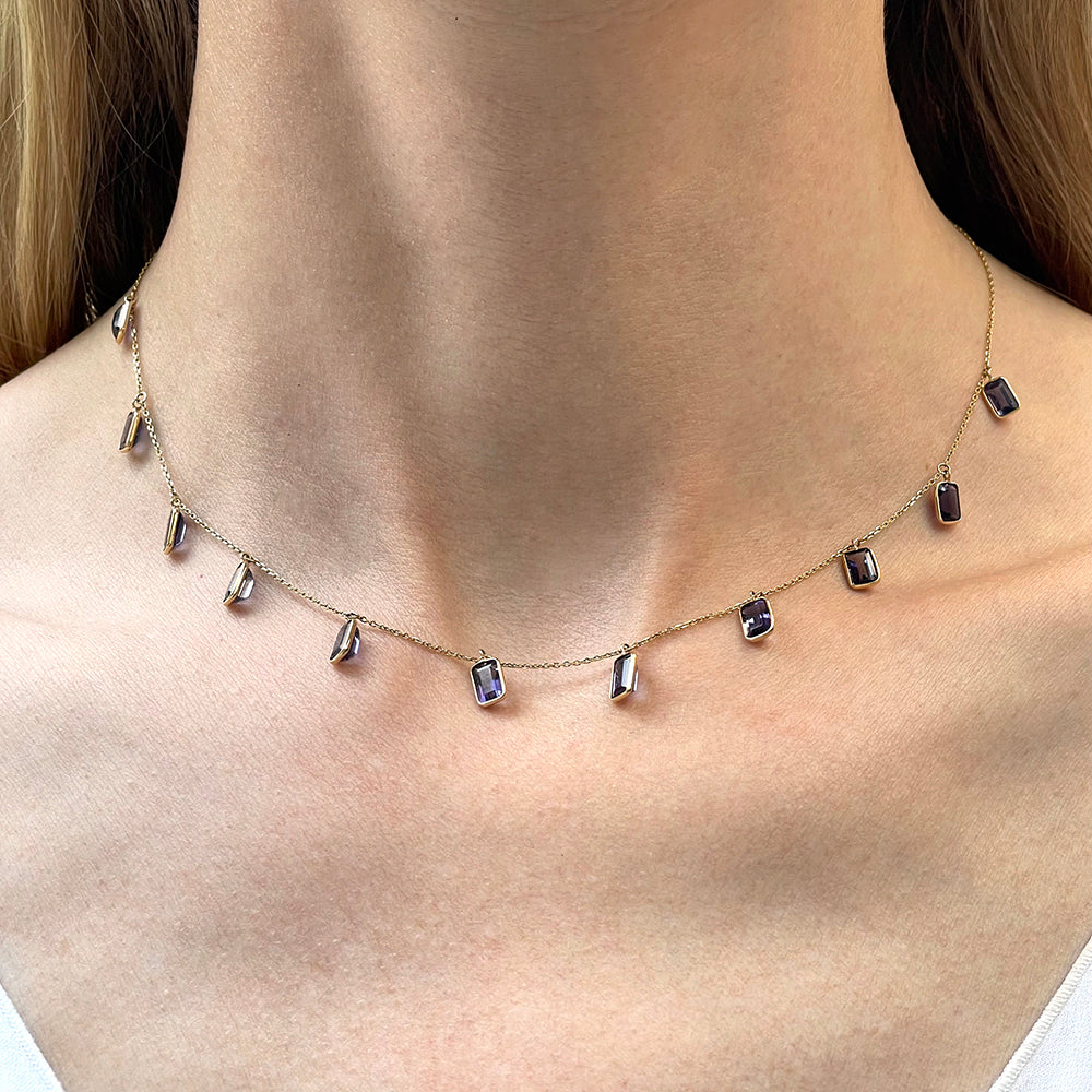 Dangling Blue Sapphire Necklace | Bezel Set | 18K Yellow Gold