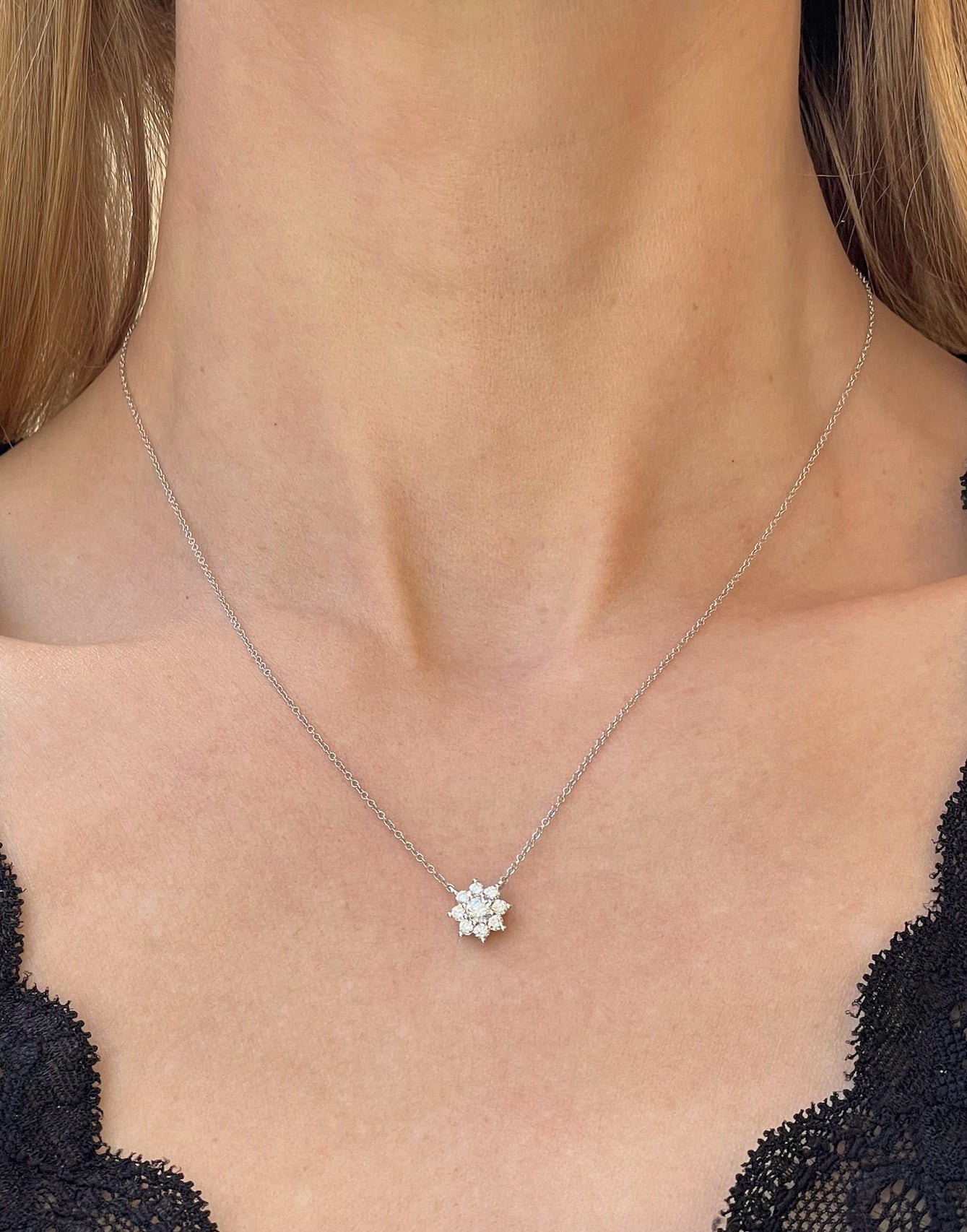 Diamond Cluster Pendant Necklace | 14K White Gold