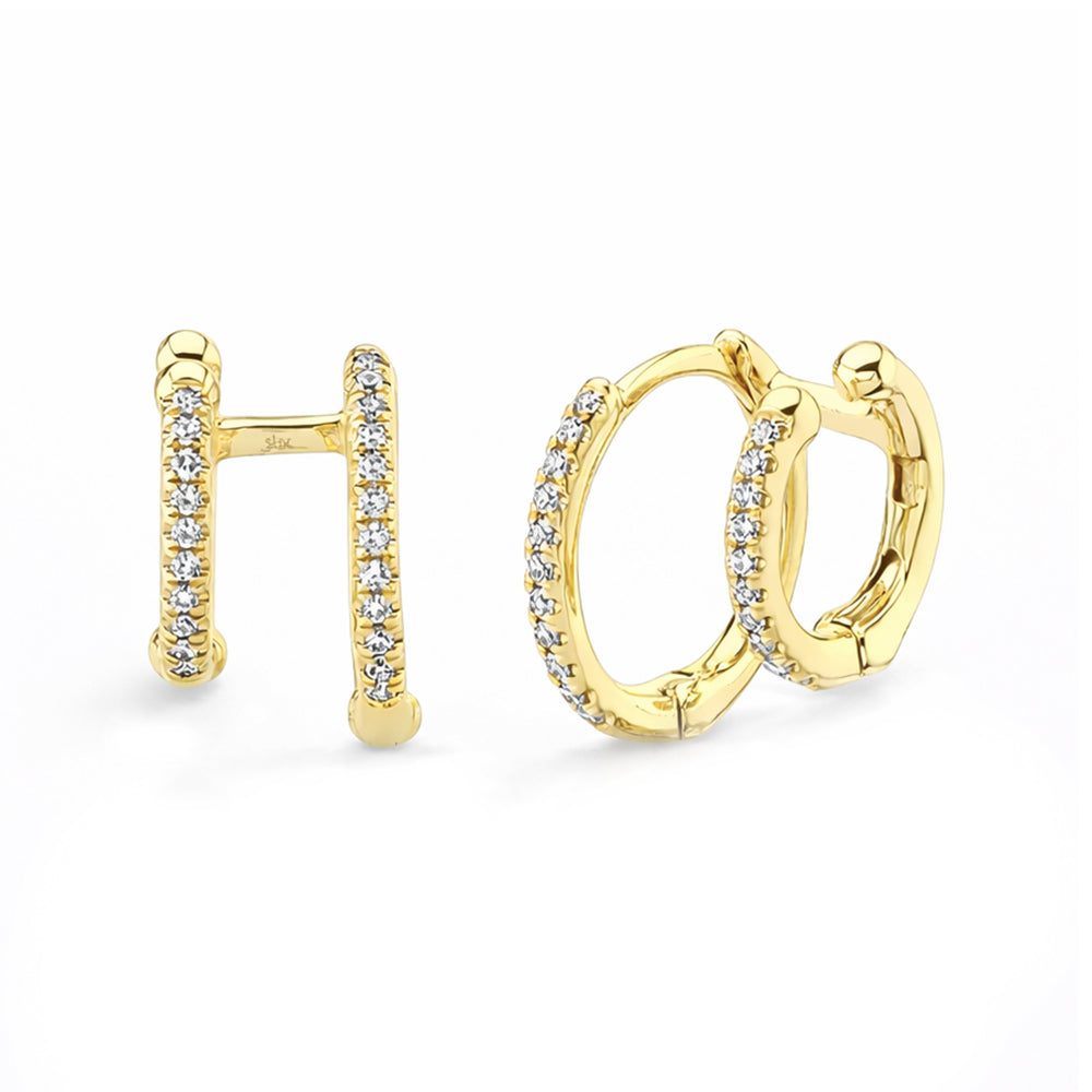 Gold double hoop earrings with small diamonds on a white background