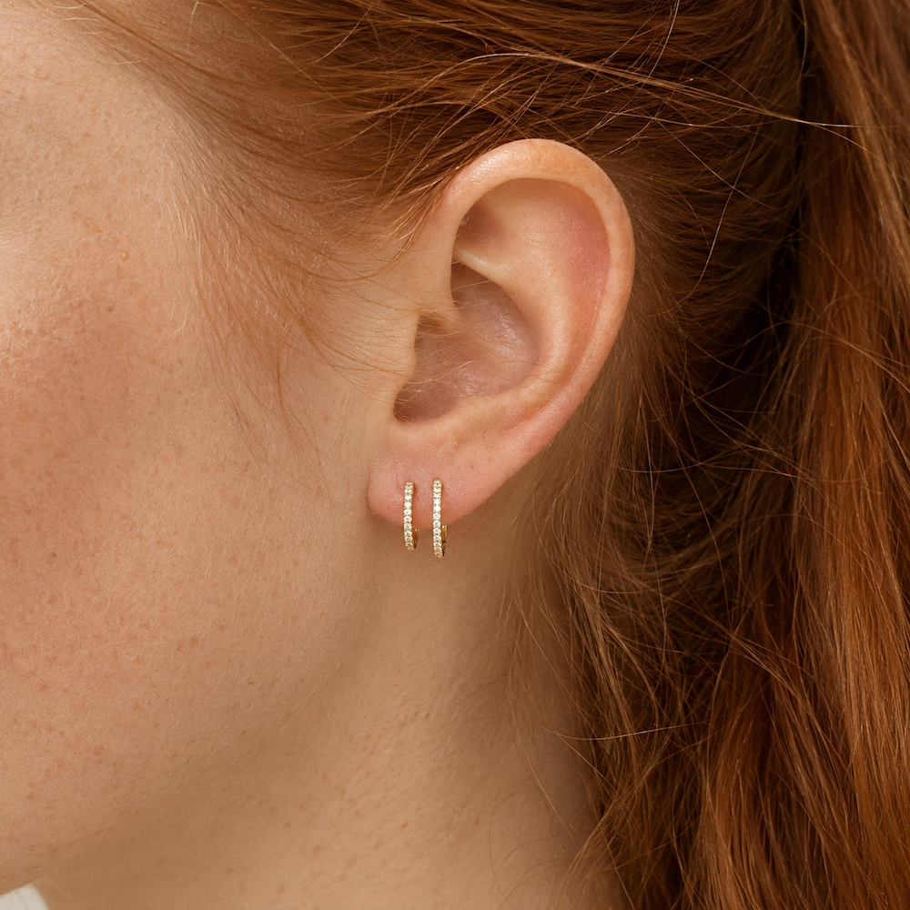 Double Diamond Huggie Earrings | 0.17 TCW | 14K Yellow Gold