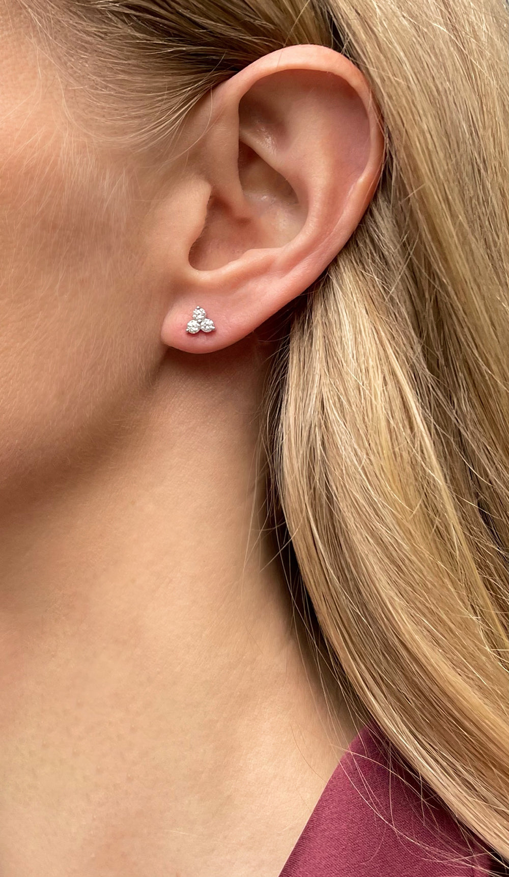 Small White Gold Trilogy Stud Earring with Three Round Brilliant Cut Diamonds - 0.40 Carats Total