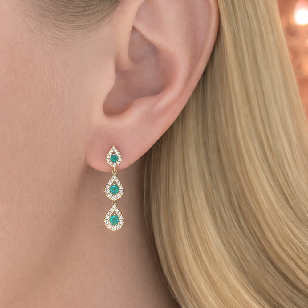 14K Yellow Gold Emerald & Diamond Teardrop Drop Earrings, 0.59 TCW