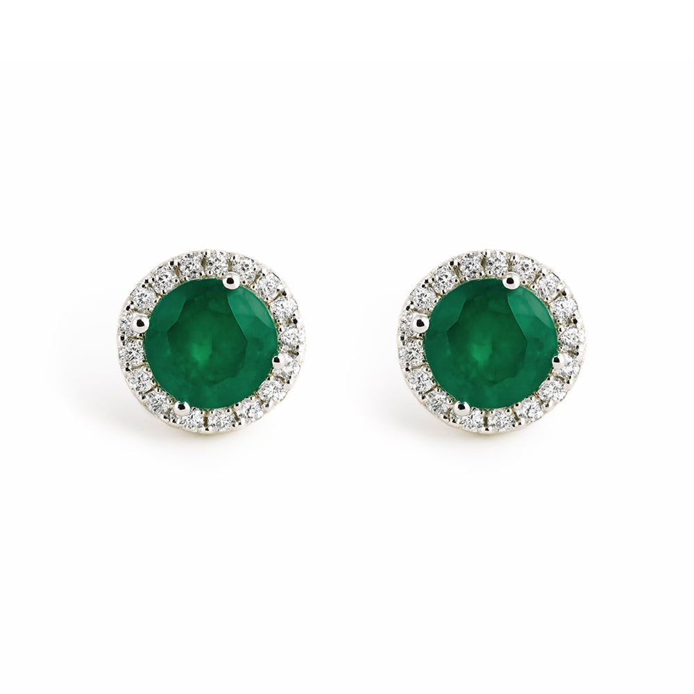 14K White Gold Round Emerald & Diamond Halo Stud Earrings