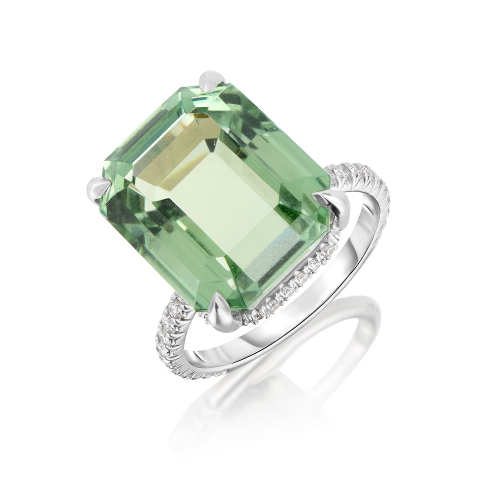 Emerald Cut Green Tourmaline Ring with a Platinum and Diamond Micro Pave Setting