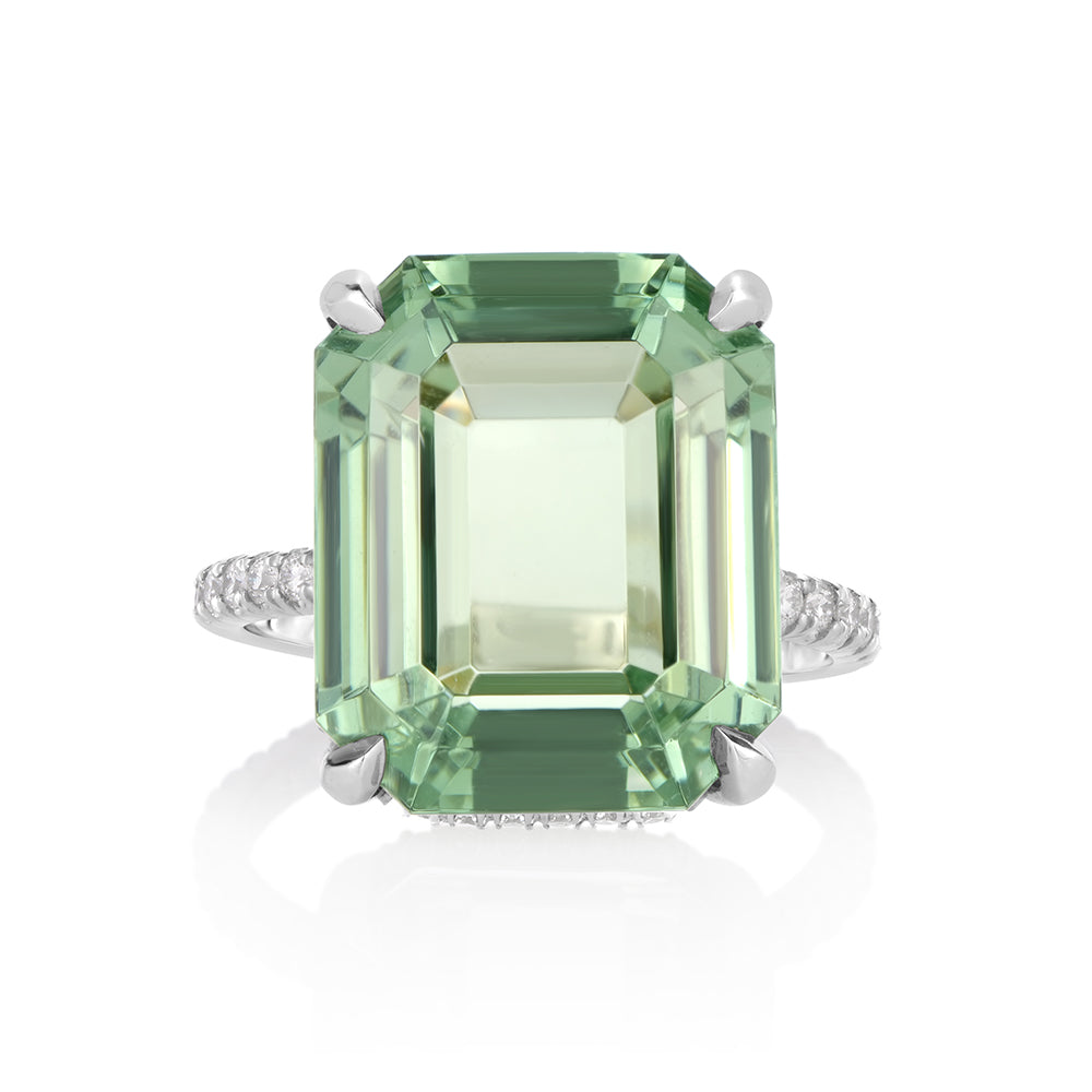 Emerald Cut Green Tourmaline Ring with a Platinum and Diamond Micro Pave Setting