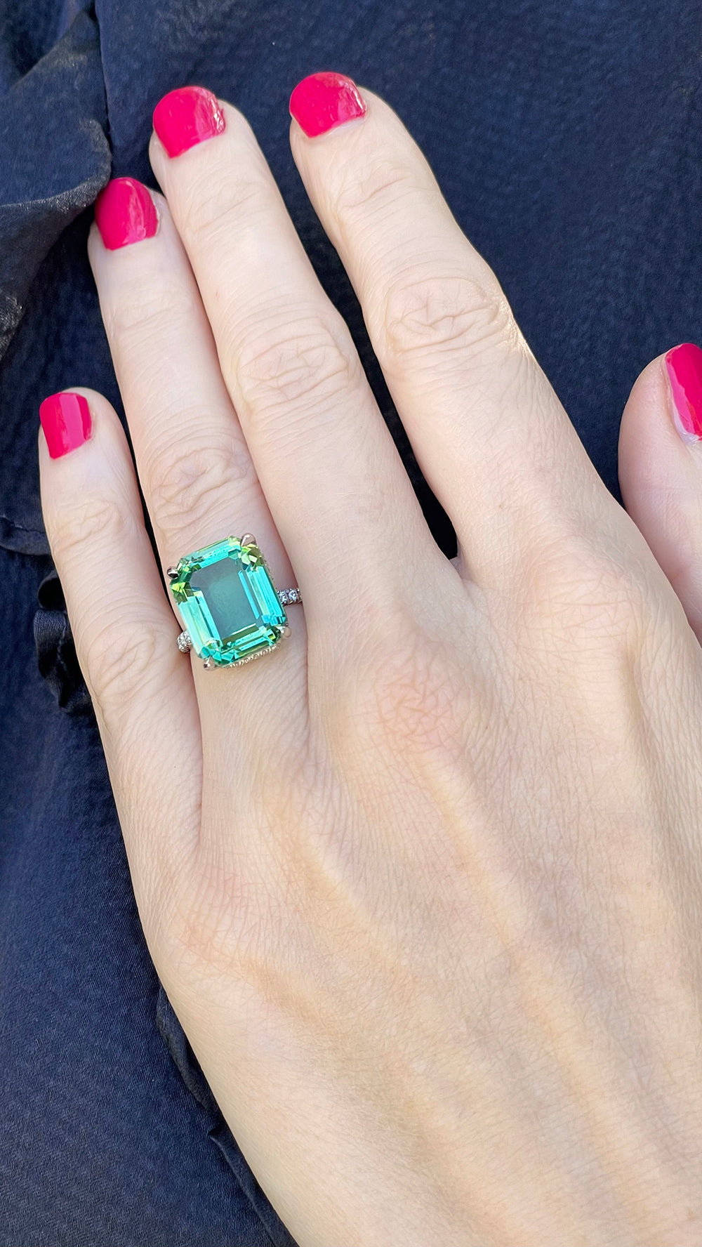 Emerald Cut Green Tourmaline Ring with a Platinum and Diamond Micro Pave Setting