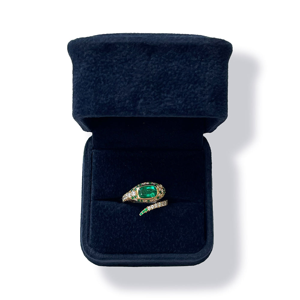 Emerald & Diamond Snake Spiral Ring in 18K Yellow Gold _A34636_Box