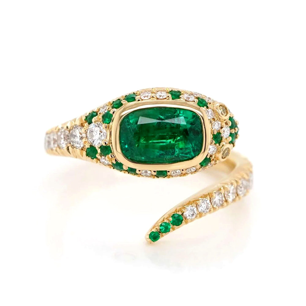 Emerald & Diamond Snake Spiral Ring in 18K Yellow Gold _A34636_Front