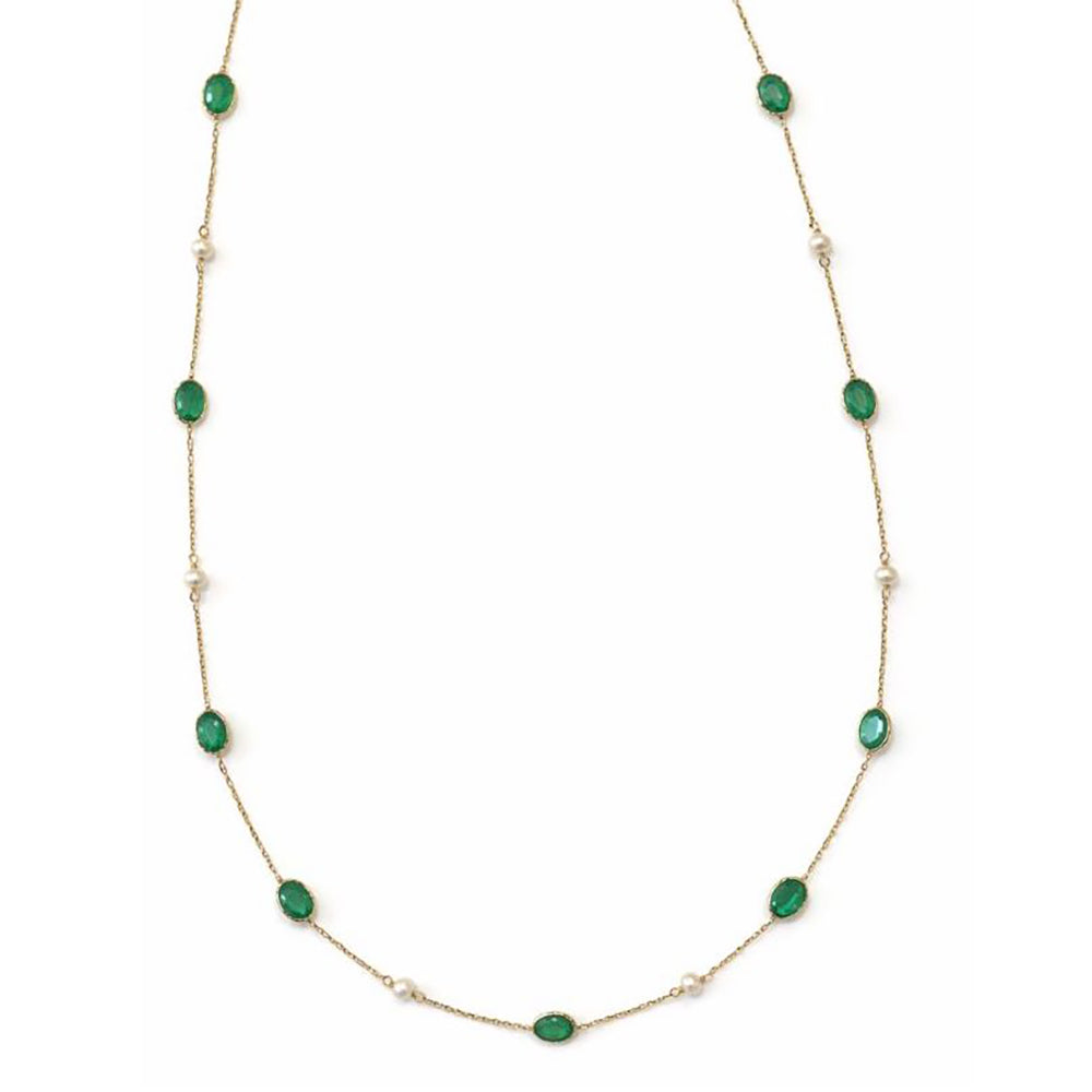 Emerald & Pearl Station Necklace | 14K Yellow Gold
