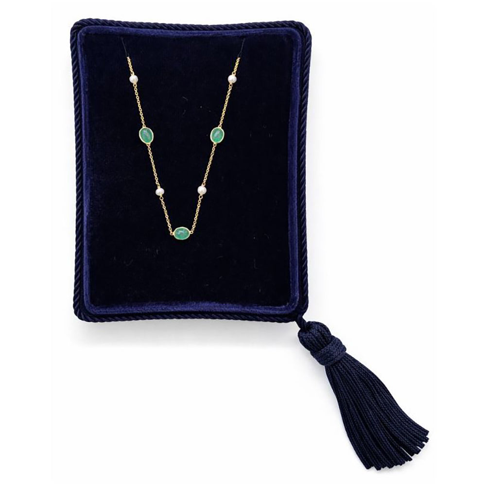 Emerald & Pearl Station Necklace | 14K Yellow Gold