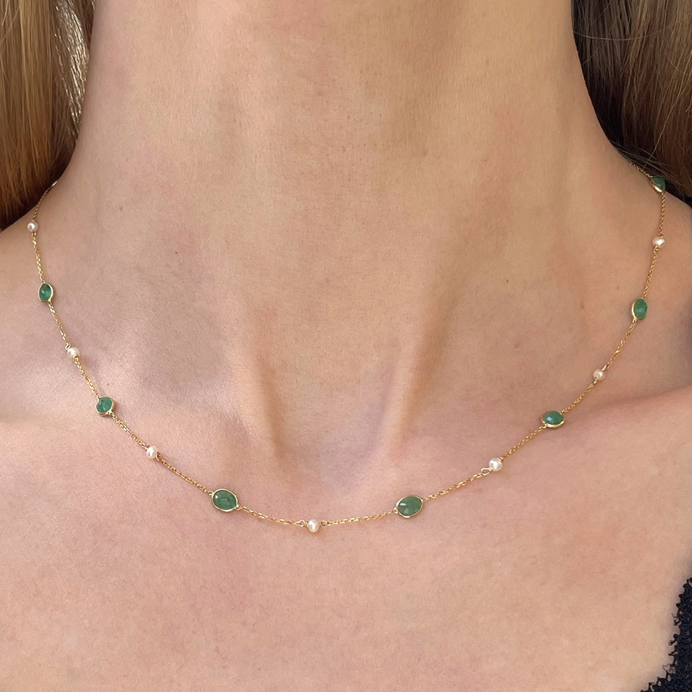 Emerald & Pearl Station Necklace | 14K Yellow Gold