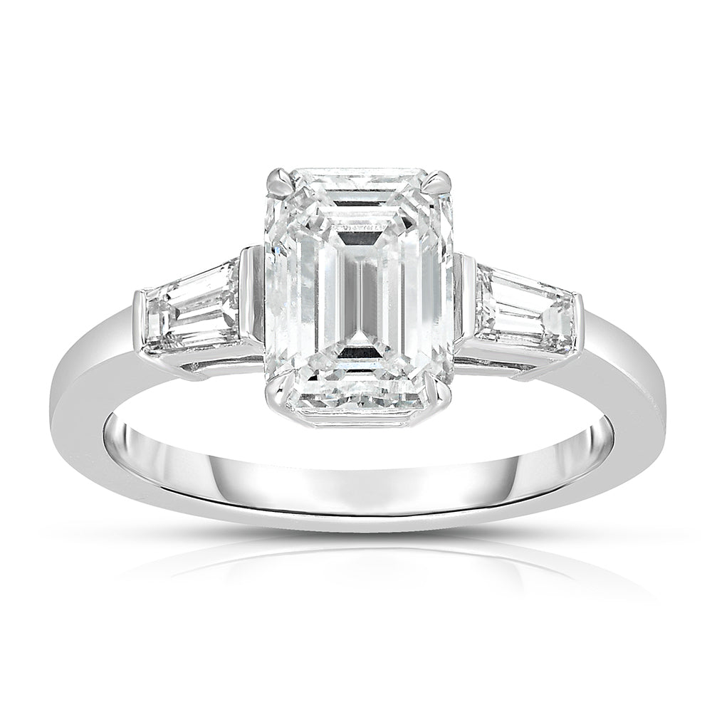 Emerald cut Diamond Three Stone Ring with Tapered Baguettes | Marisa Perry By Douglas Elliott