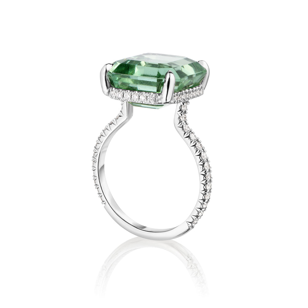 Emerald Cut Green Tourmaline Ring with a Platinum and Diamond Micro Pave Setting