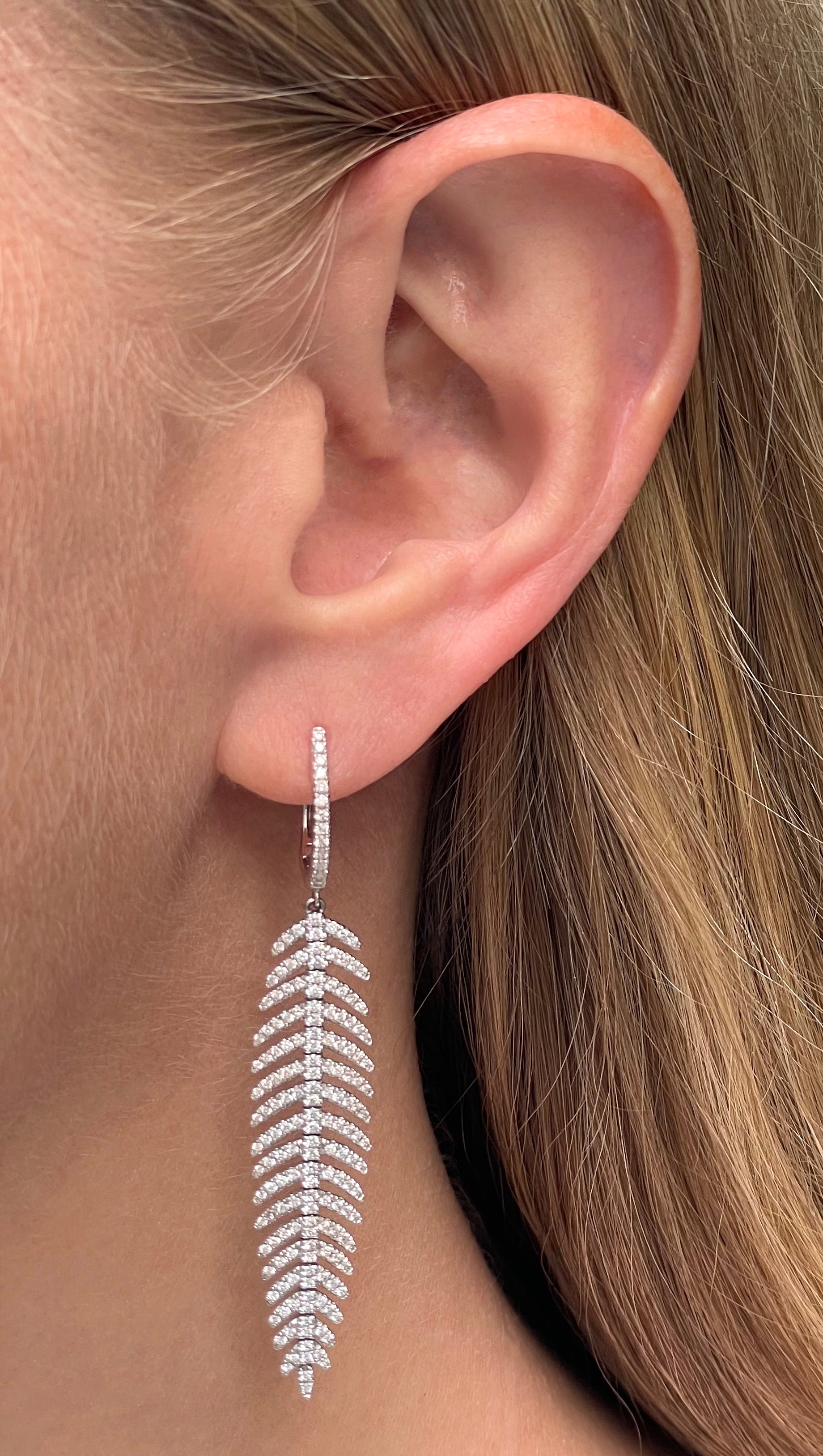 Micro Pave Feather Drop Earrings 18K White Gold