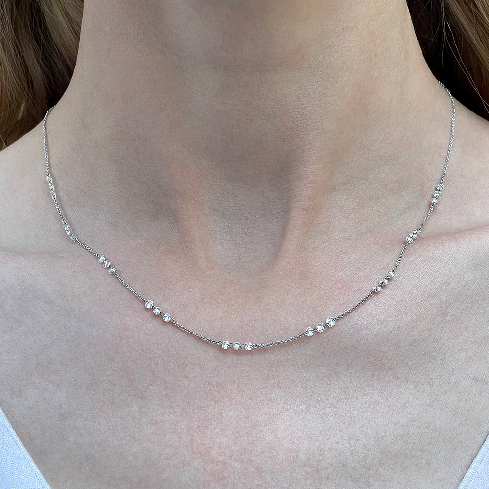 Delicate White Gold Floating Threaded Diamond Necklace