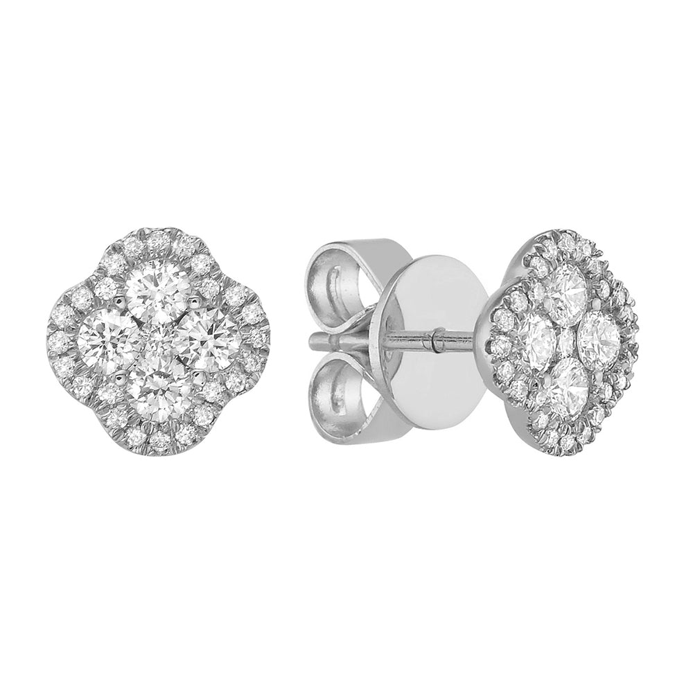 French Clover Diamond Stud Earrings in 14K White Gold with Round Brilliant-Cut Diamond Halo, 0.44 Carat Total Weight