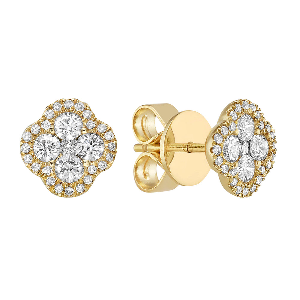 French Clover Diamond Stud Earrings in 14K Yellow Gold with Round Brilliant-Cut Diamond Halo, 0.44 Carat Total Weight