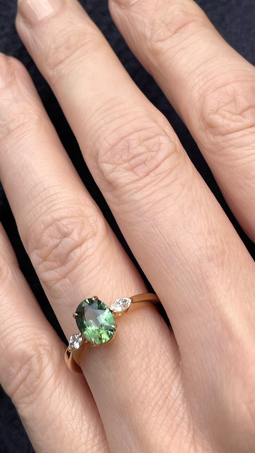 Oval Green Sapphire with Marquise Diamonds 3 Stone Ring